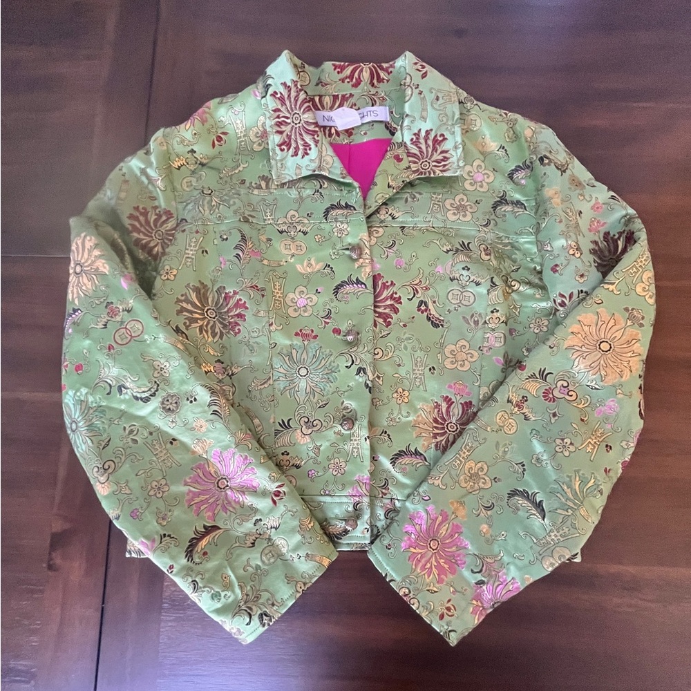 VTG Night Lights Floral Brocade Jacket Sage Green & Metallic Size M EUC